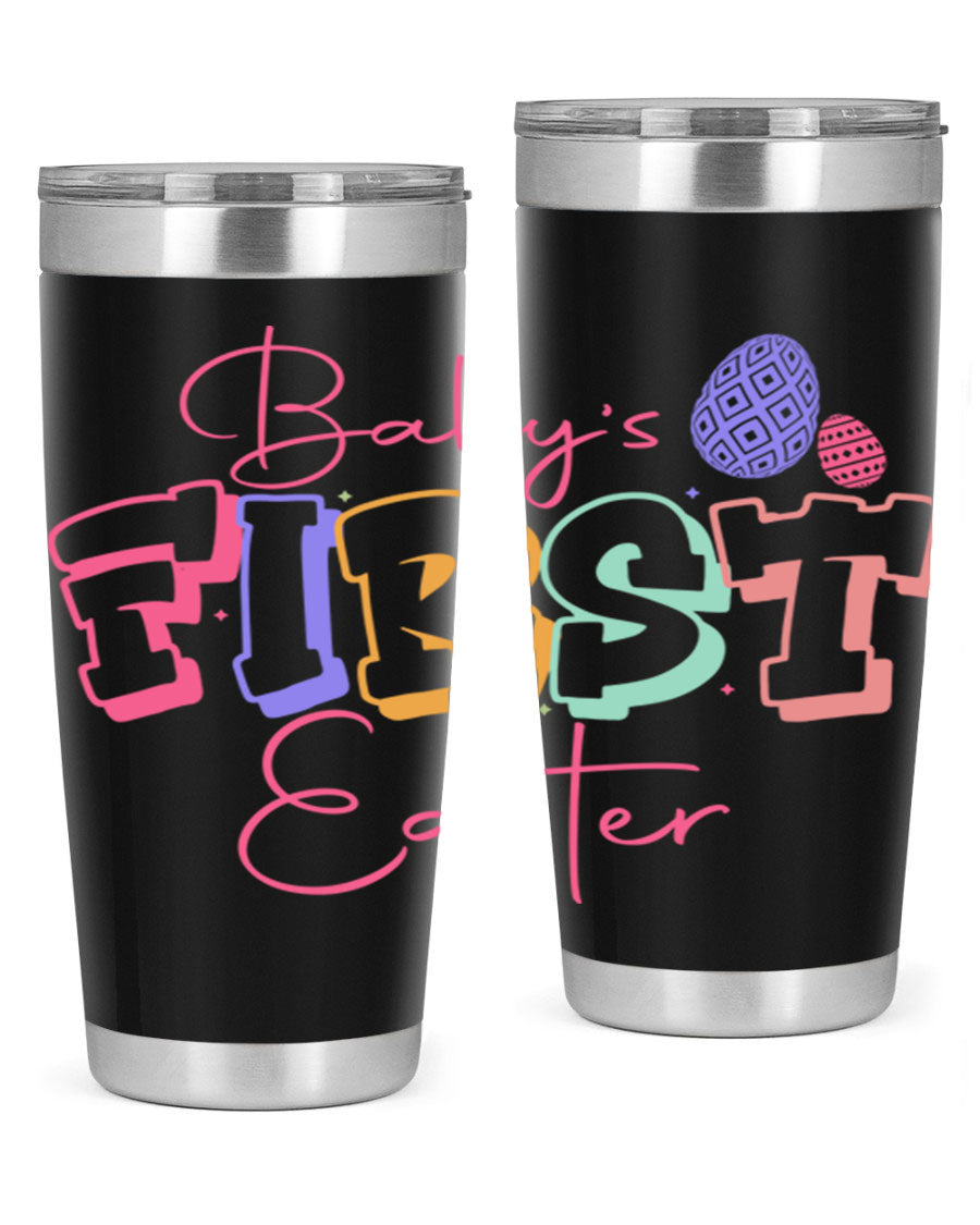 Baby's First Easter 20oz tumbler featuring double wall vacuum stainless steel design with a colorful Easter-themed print.