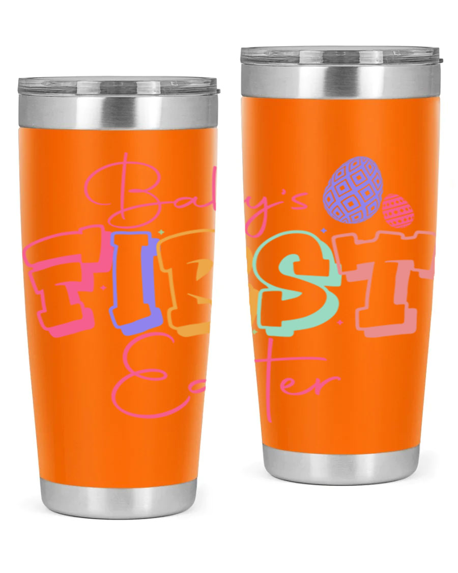 Baby's First Easter 20oz tumbler featuring double wall vacuum stainless steel design with a colorful Easter-themed print.