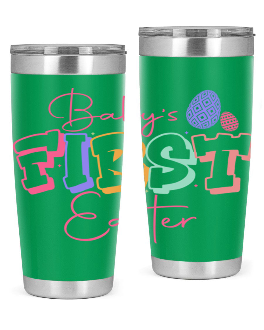 Baby's First Easter 20oz tumbler featuring double wall vacuum stainless steel design with a colorful Easter-themed print.