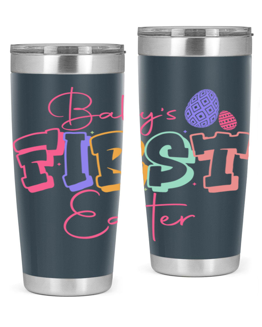 Baby's First Easter 20oz tumbler featuring double wall vacuum stainless steel design with a colorful Easter-themed print.