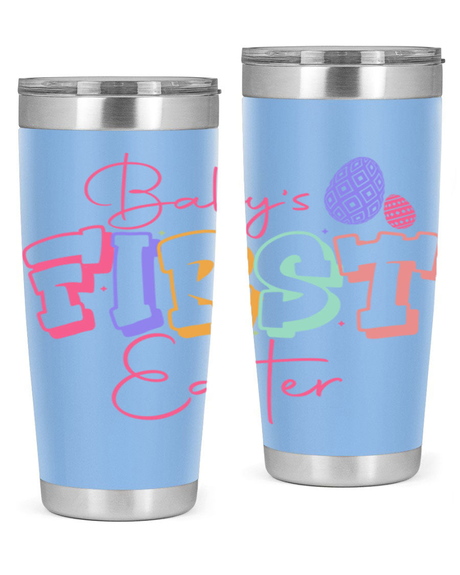 Baby's First Easter 20oz tumbler featuring double wall vacuum stainless steel design with a colorful Easter-themed print.