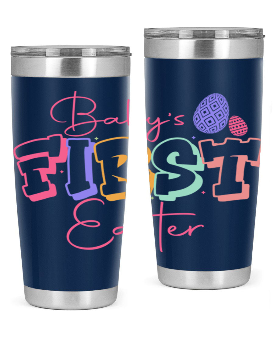 Baby's First Easter 20oz tumbler featuring double wall vacuum stainless steel design with a colorful Easter-themed print.