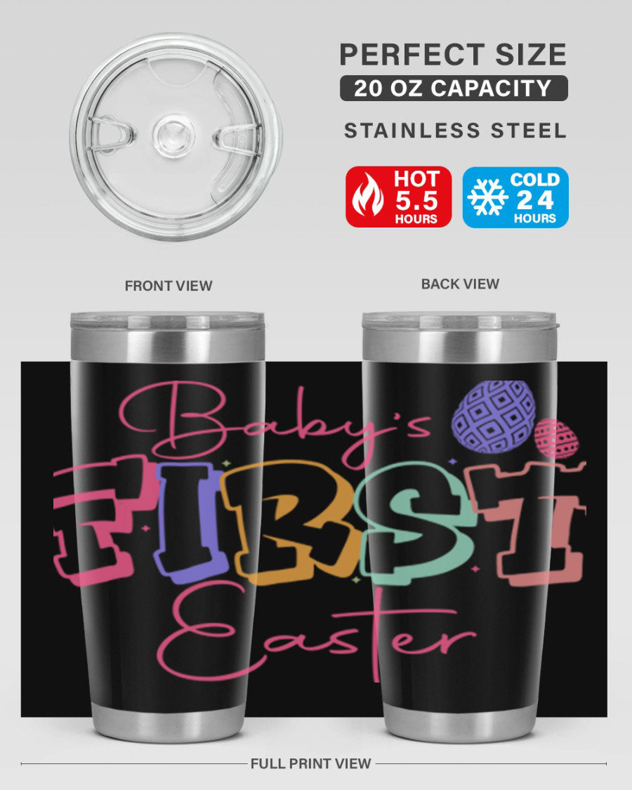Baby's First Easter 20oz tumbler featuring double wall vacuum stainless steel design with a colorful Easter-themed print.