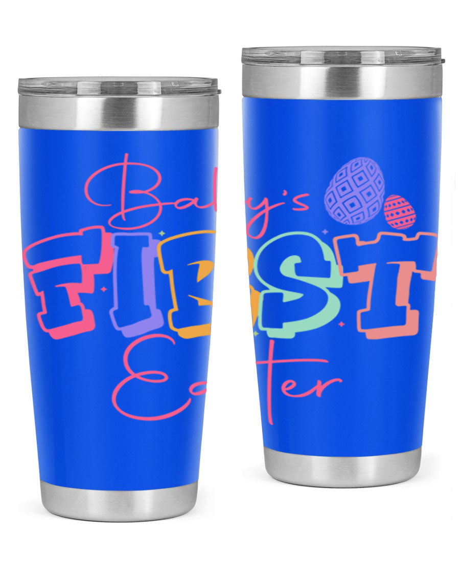 Baby's First Easter 20oz tumbler featuring double wall vacuum stainless steel design with a colorful Easter-themed print.