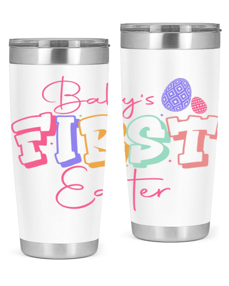 Baby's First Easter 20oz tumbler featuring double wall vacuum stainless steel design with a colorful Easter-themed print.