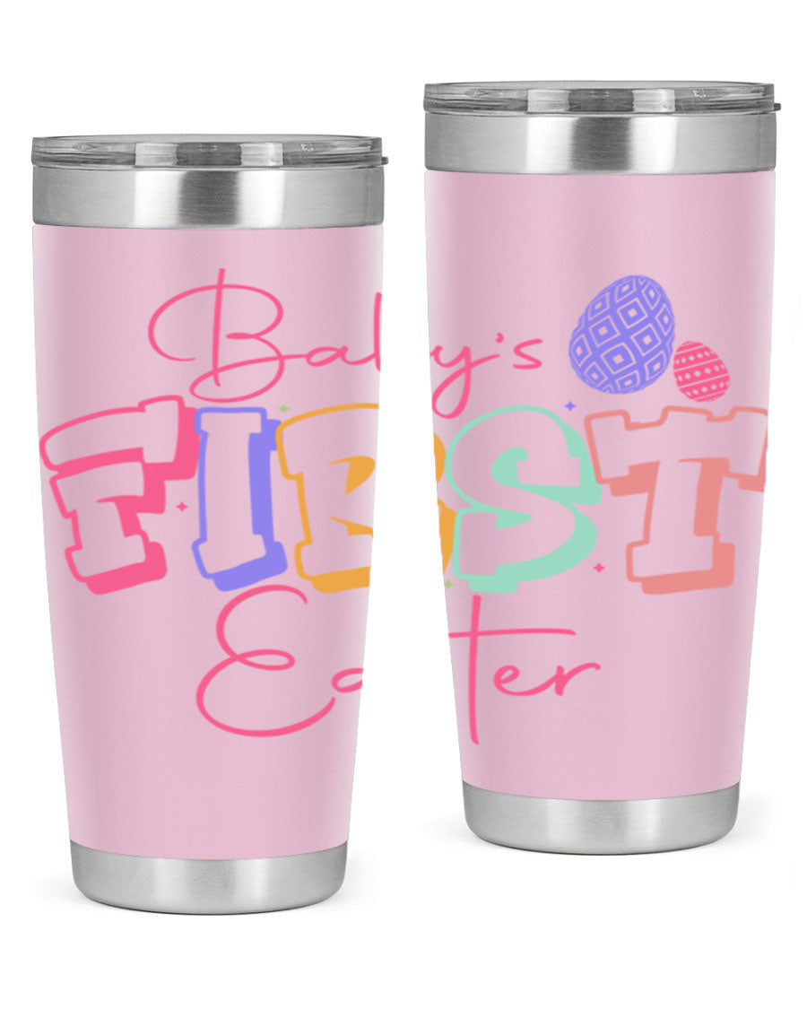 Baby's First Easter 20oz tumbler featuring double wall vacuum stainless steel design with a colorful Easter-themed print.