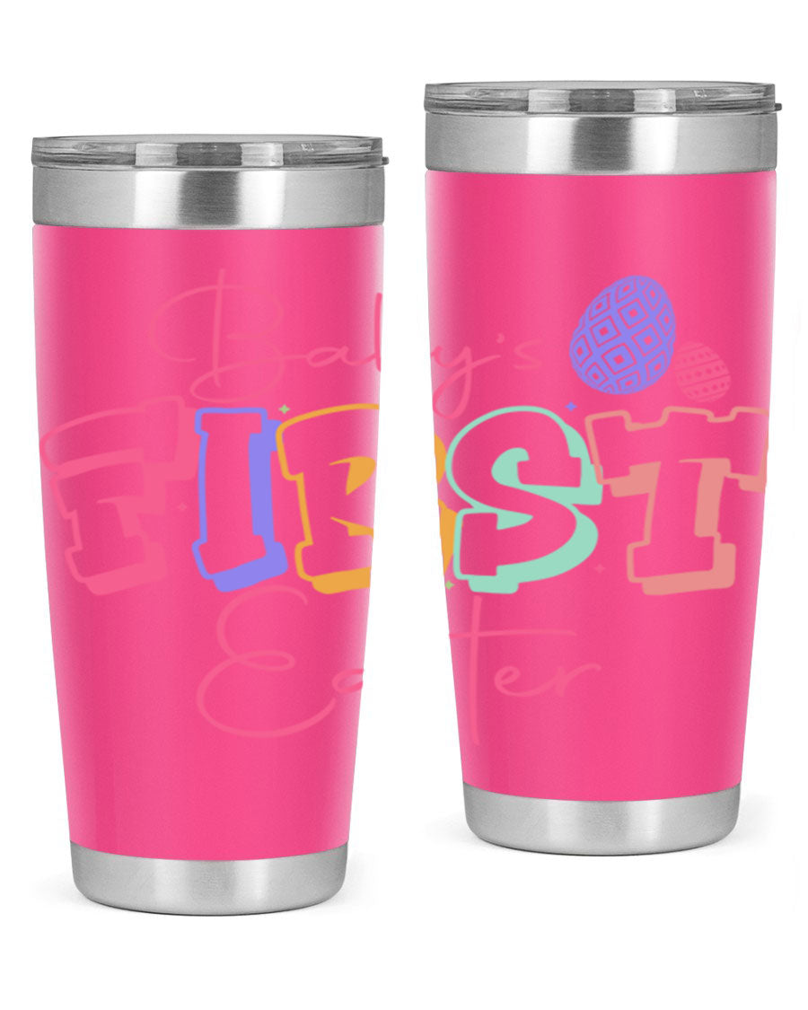 Baby's First Easter 20oz tumbler featuring double wall vacuum stainless steel design with a colorful Easter-themed print.