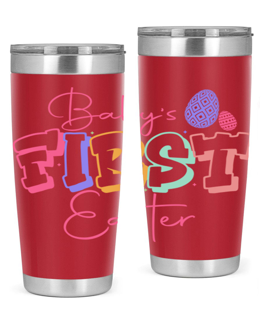 Baby's First Easter 20oz tumbler featuring double wall vacuum stainless steel design with a colorful Easter-themed print.