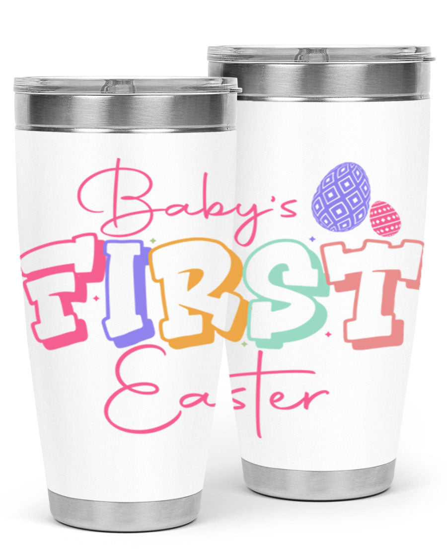 Baby's First Easter 20oz tumbler featuring double wall vacuum stainless steel design with a colorful Easter-themed print.