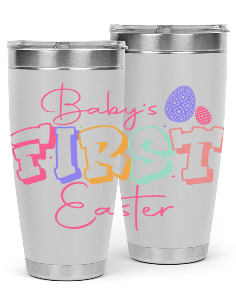 Baby's First Easter 20oz tumbler featuring double wall vacuum stainless steel design with a colorful Easter-themed print.