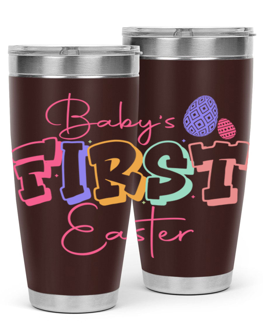 Baby's First Easter 20oz tumbler featuring double wall vacuum stainless steel design with a colorful Easter-themed print.