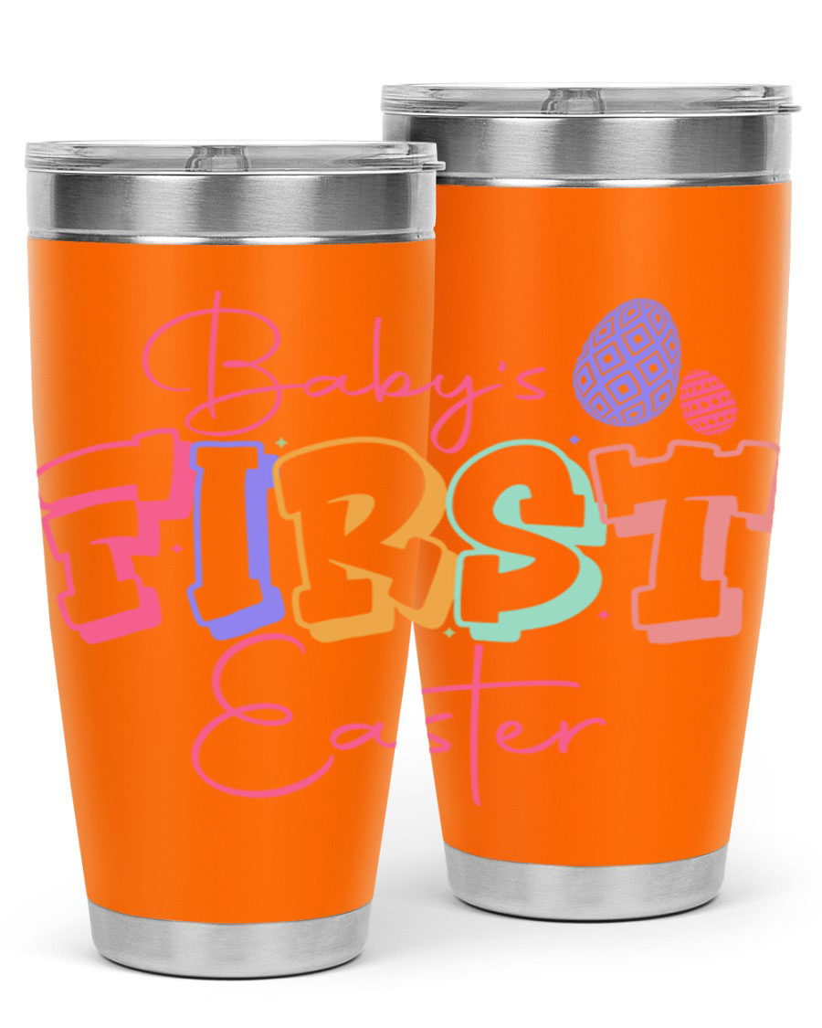 Baby's First Easter 20oz tumbler featuring double wall vacuum stainless steel design with a colorful Easter-themed print.