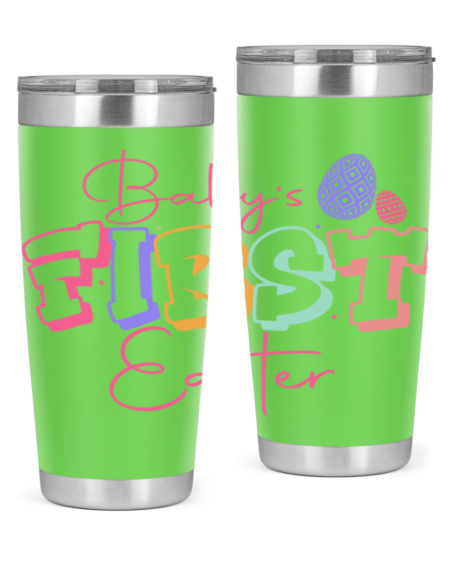 Baby's First Easter 20oz tumbler featuring double wall vacuum stainless steel design with a colorful Easter-themed print.