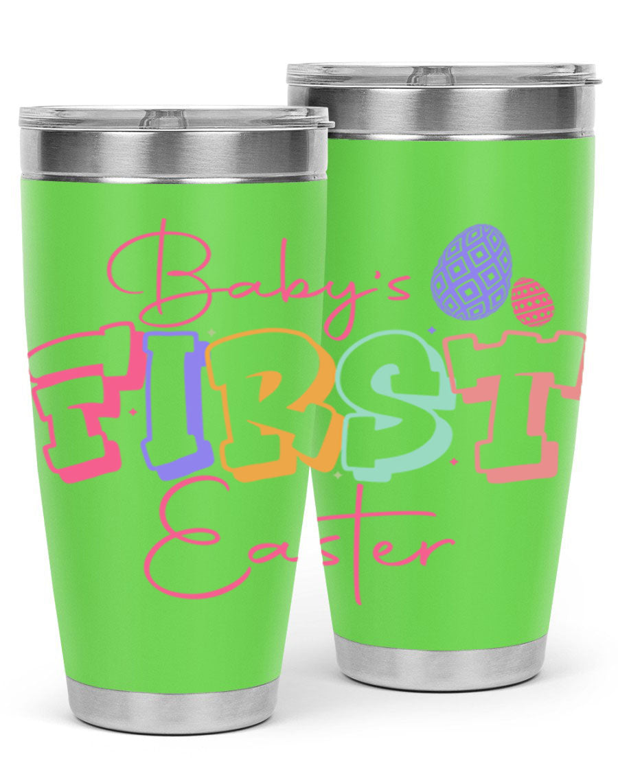 Baby's First Easter 20oz tumbler featuring double wall vacuum stainless steel design with a colorful Easter-themed print.