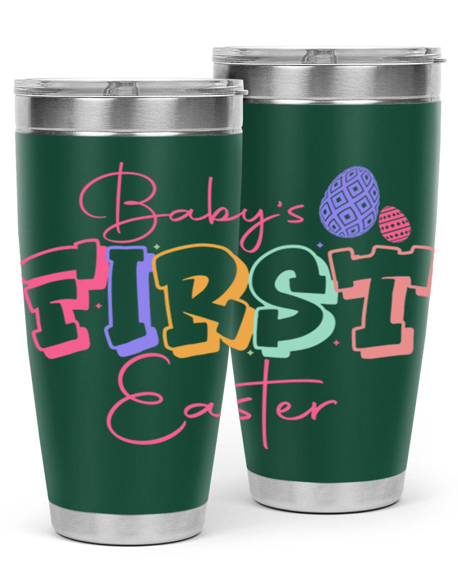 Baby's First Easter 20oz tumbler featuring double wall vacuum stainless steel design with a colorful Easter-themed print.