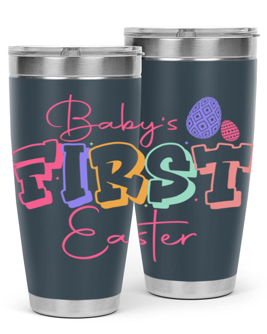 Baby's First Easter 20oz tumbler featuring double wall vacuum stainless steel design with a colorful Easter-themed print.