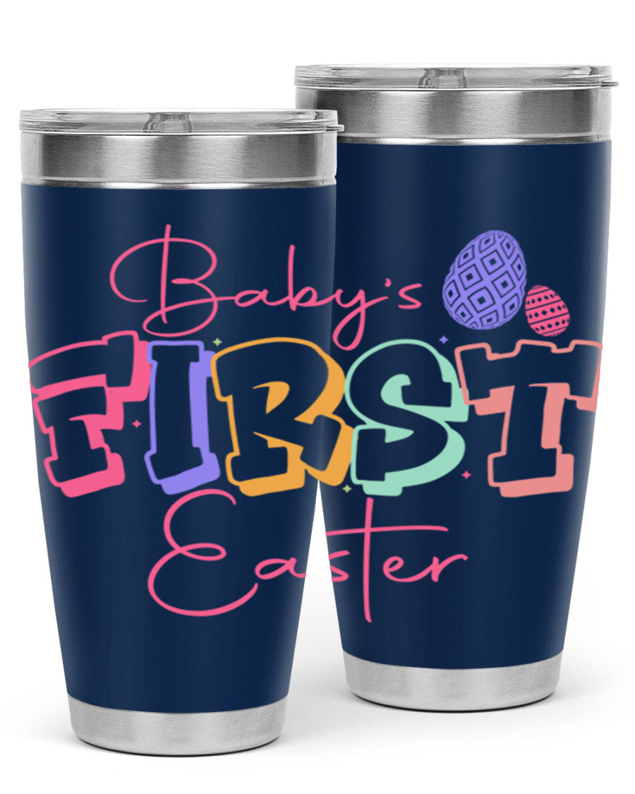 Baby's First Easter 20oz tumbler featuring double wall vacuum stainless steel design with a colorful Easter-themed print.
