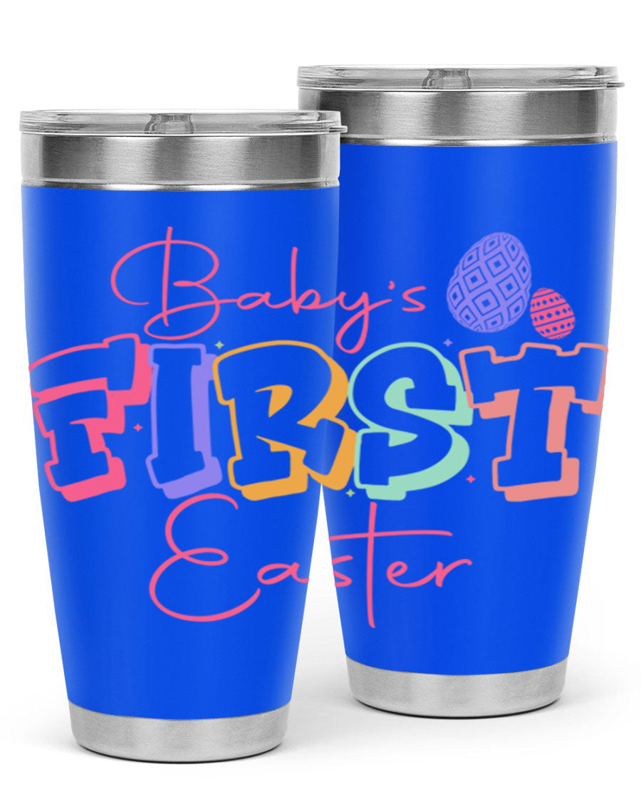 Baby's First Easter 20oz tumbler featuring double wall vacuum stainless steel design with a colorful Easter-themed print.
