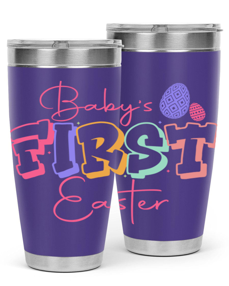 Baby's First Easter 20oz tumbler featuring double wall vacuum stainless steel design with a colorful Easter-themed print.