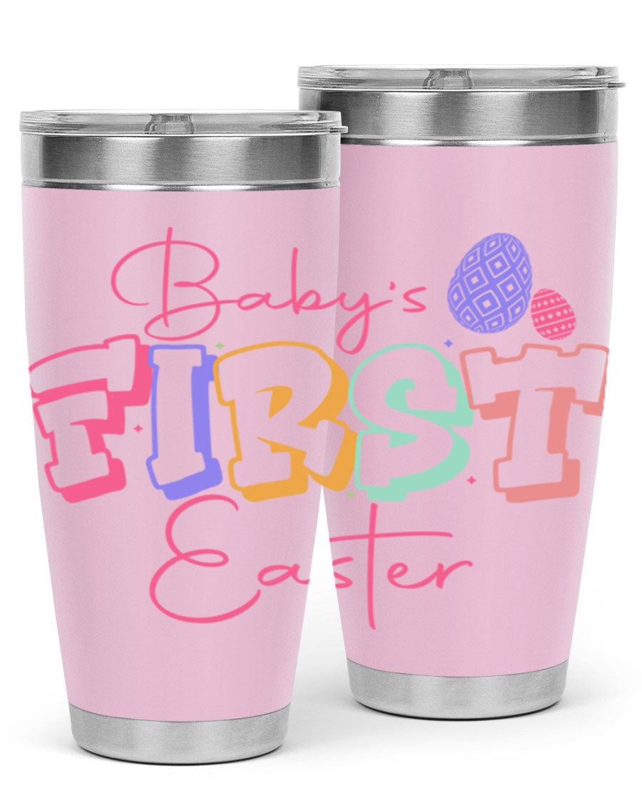 Baby's First Easter 20oz tumbler featuring double wall vacuum stainless steel design with a colorful Easter-themed print.