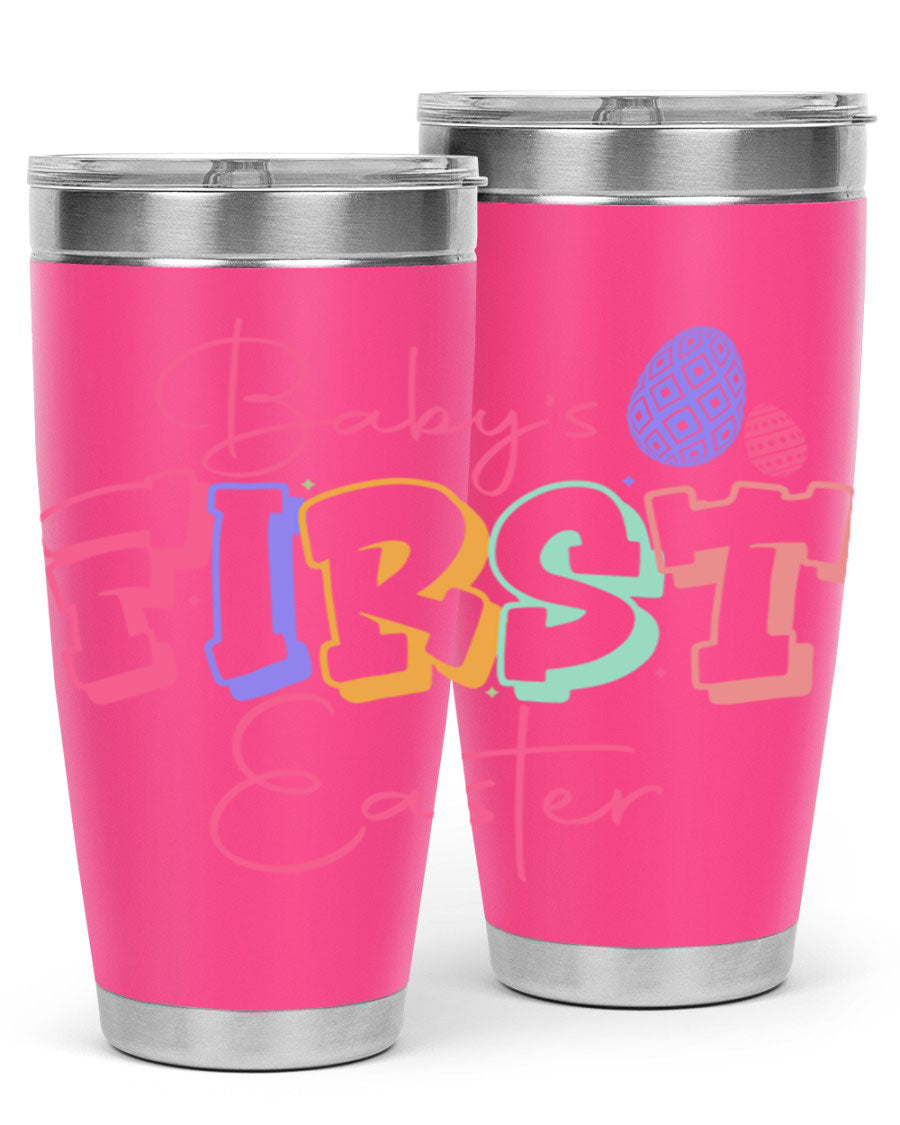 Baby's First Easter 20oz tumbler featuring double wall vacuum stainless steel design with a colorful Easter-themed print.