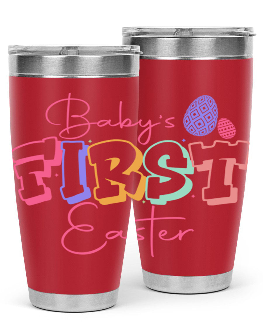 Baby's First Easter 20oz tumbler featuring double wall vacuum stainless steel design with a colorful Easter-themed print.