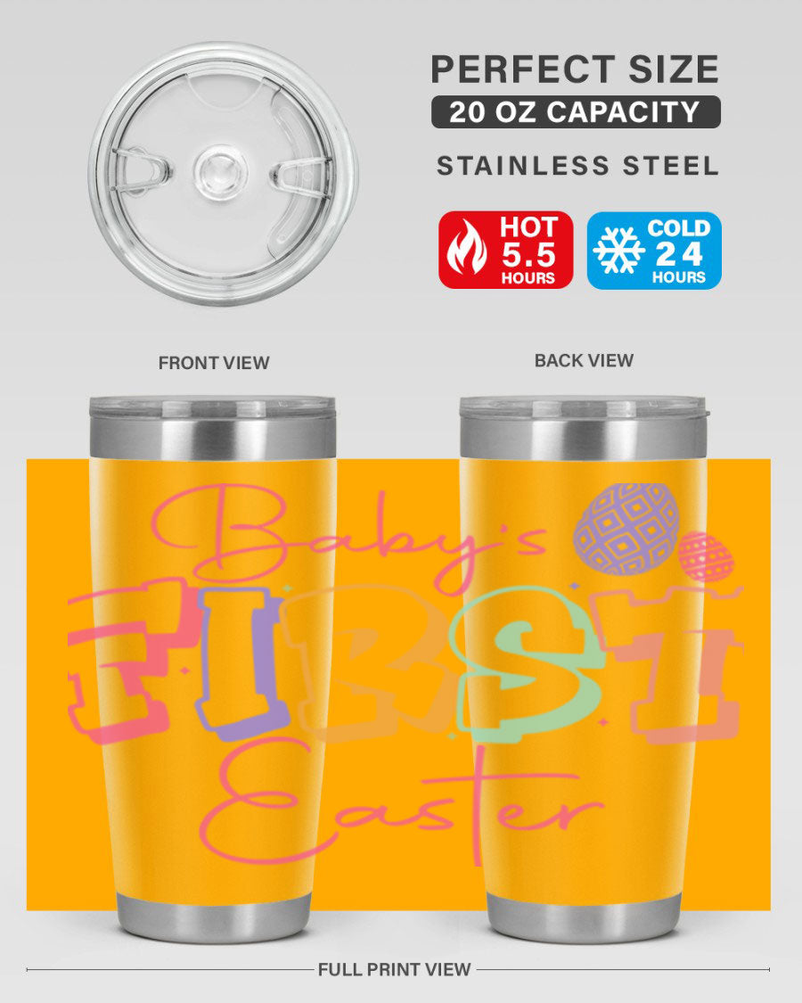 Baby's First Easter 20oz tumbler featuring double wall vacuum stainless steel design with a colorful Easter-themed print.