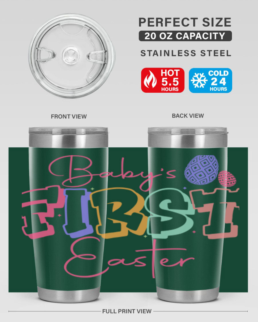 Baby's First Easter 20oz tumbler featuring double wall vacuum stainless steel design with a colorful Easter-themed print.