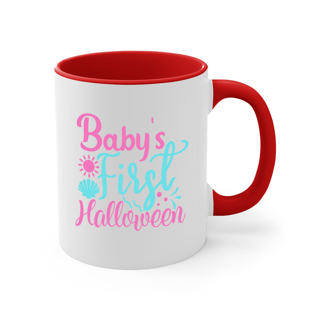A two-tone ceramic mug celebrating baby's first Halloween, featuring a colored handle and glossy finish.
