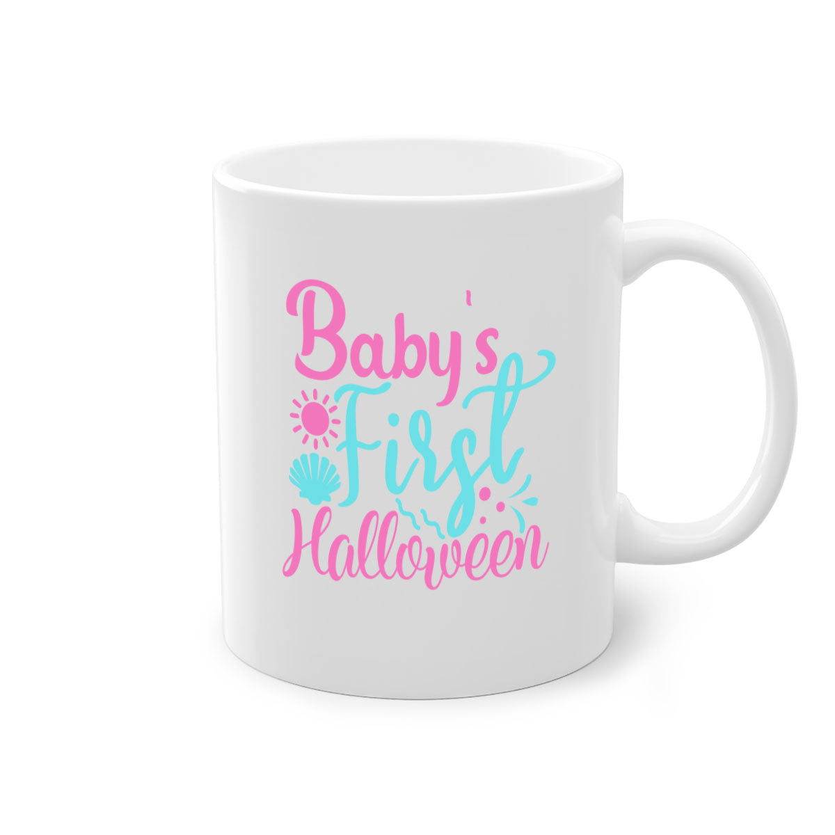 A two-tone ceramic mug celebrating baby's first Halloween, featuring a colored handle and glossy finish.