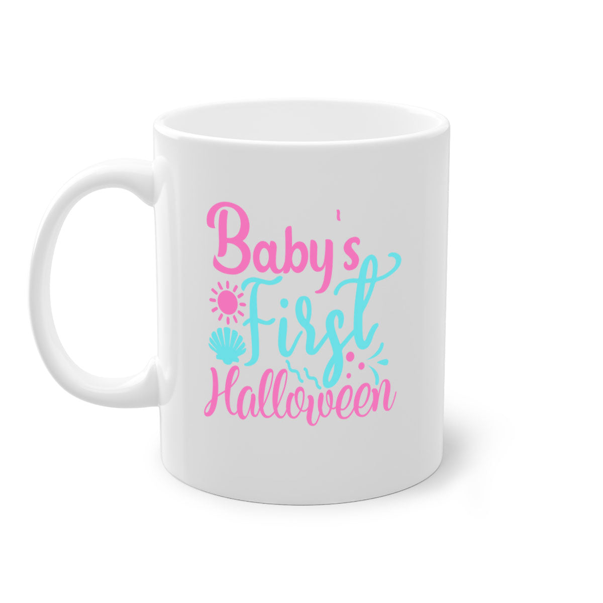 A two-tone ceramic mug celebrating baby's first Halloween, featuring a colored handle and glossy finish.