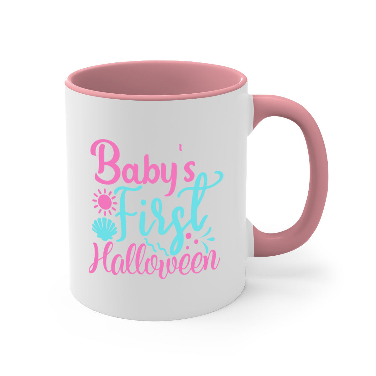 A two-tone ceramic mug celebrating baby's first Halloween, featuring a colored handle and glossy finish.