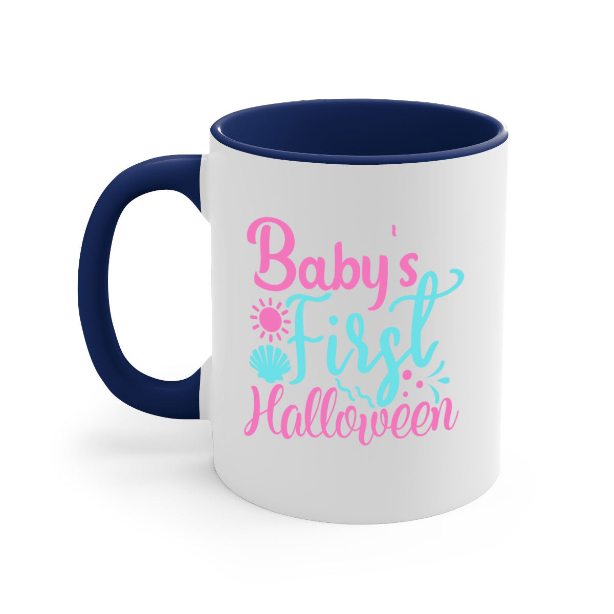A two-tone ceramic mug celebrating baby's first Halloween, featuring a colored handle and glossy finish.