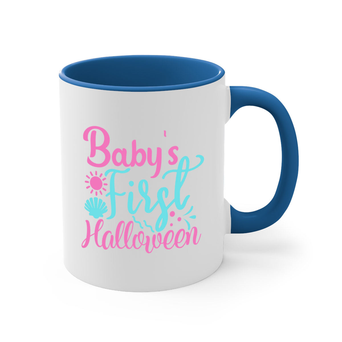 A two-tone ceramic mug celebrating baby's first Halloween, featuring a colored handle and glossy finish.