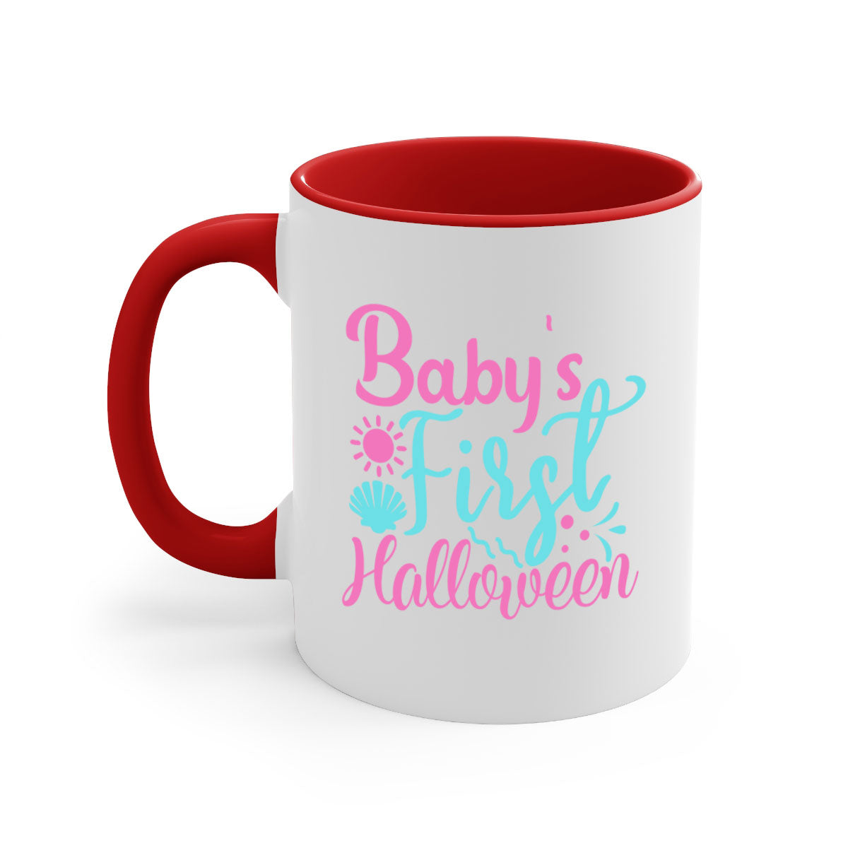 A two-tone ceramic mug celebrating baby's first Halloween, featuring a colored handle and glossy finish.