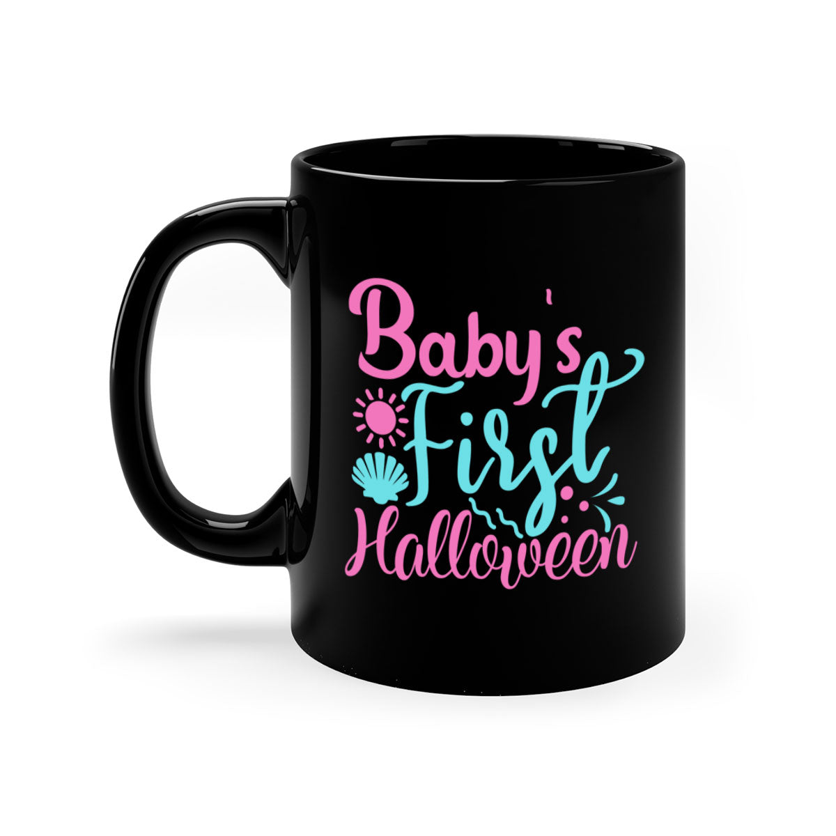 A two-tone ceramic mug celebrating baby's first Halloween, featuring a colored handle and glossy finish.