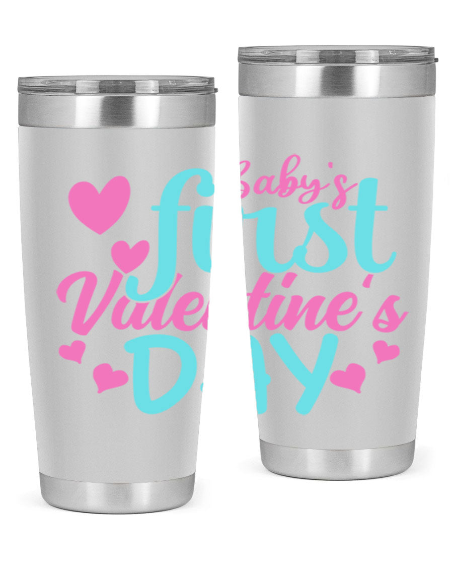 A stylish 20oz stainless steel tumbler designed for baby's first Valentine's Day, featuring a press-in lid and vibrant print.