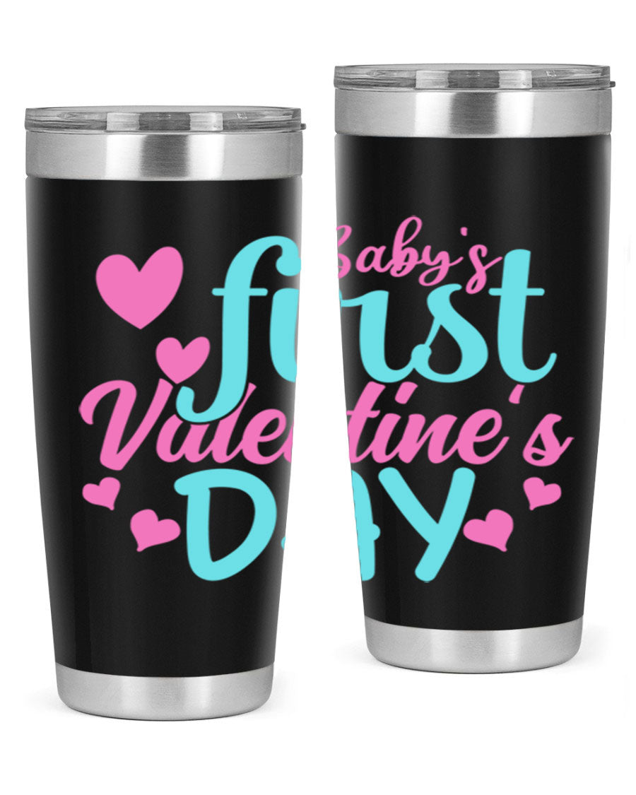 A stylish 20oz stainless steel tumbler designed for baby's first Valentine's Day, featuring a press-in lid and vibrant print.