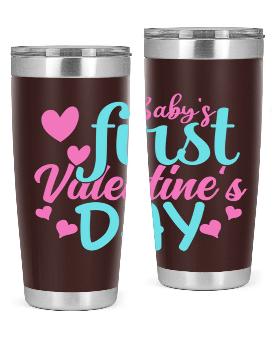 A stylish 20oz stainless steel tumbler designed for baby's first Valentine's Day, featuring a press-in lid and vibrant print.