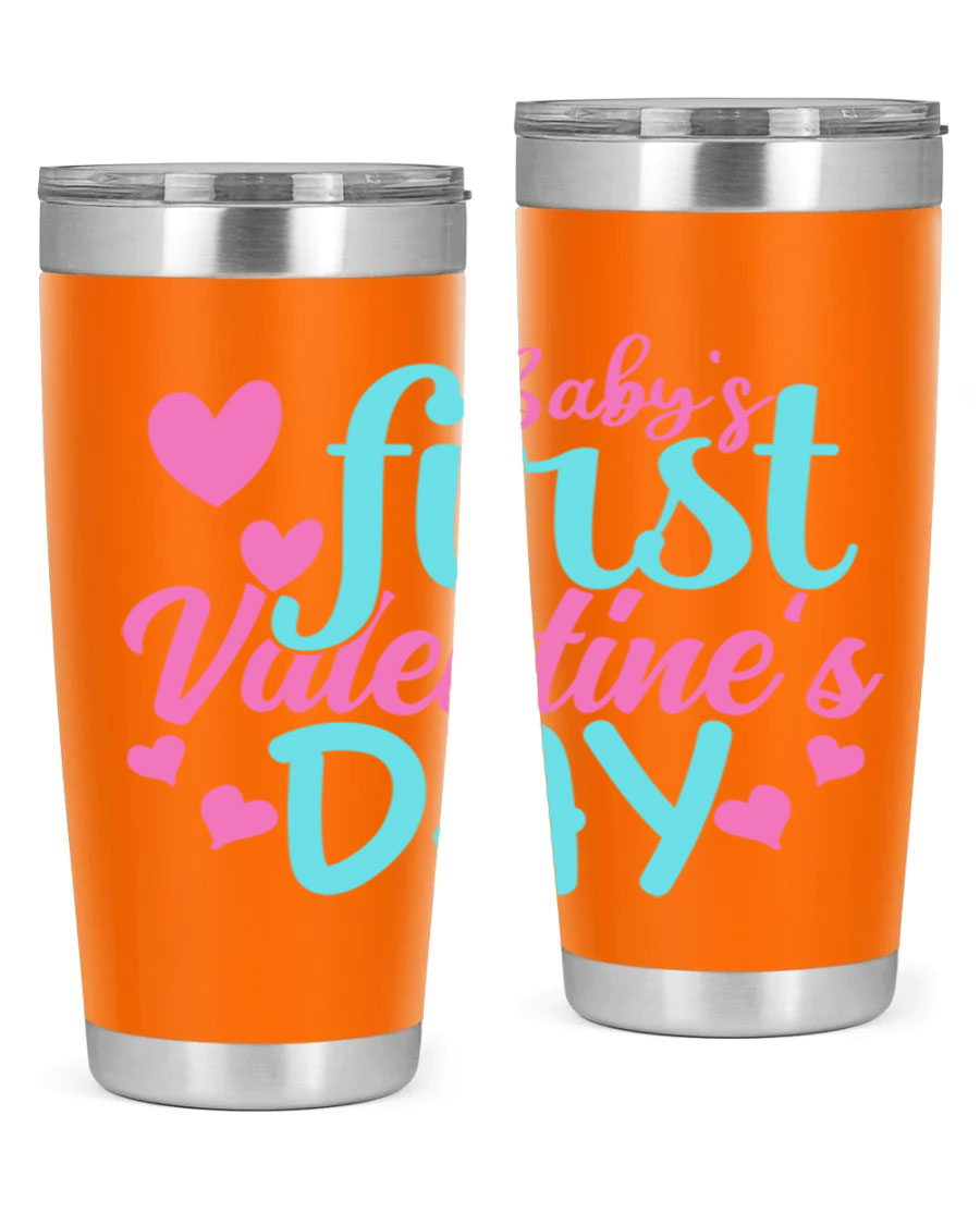 A stylish 20oz stainless steel tumbler designed for baby's first Valentine's Day, featuring a press-in lid and vibrant print.