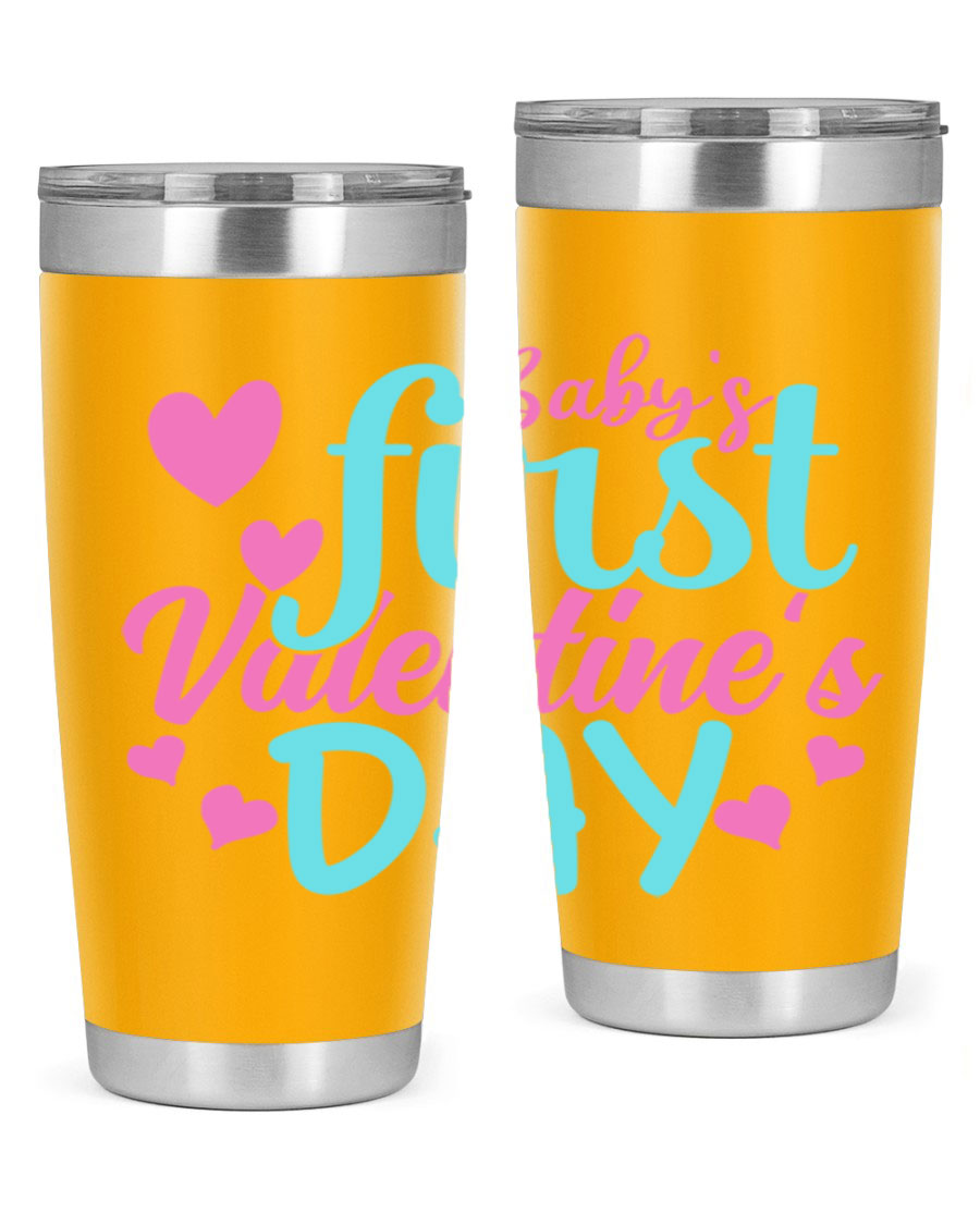 A stylish 20oz stainless steel tumbler designed for baby's first Valentine's Day, featuring a press-in lid and vibrant print.