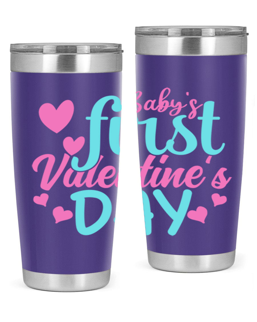 A stylish 20oz stainless steel tumbler designed for baby's first Valentine's Day, featuring a press-in lid and vibrant print.