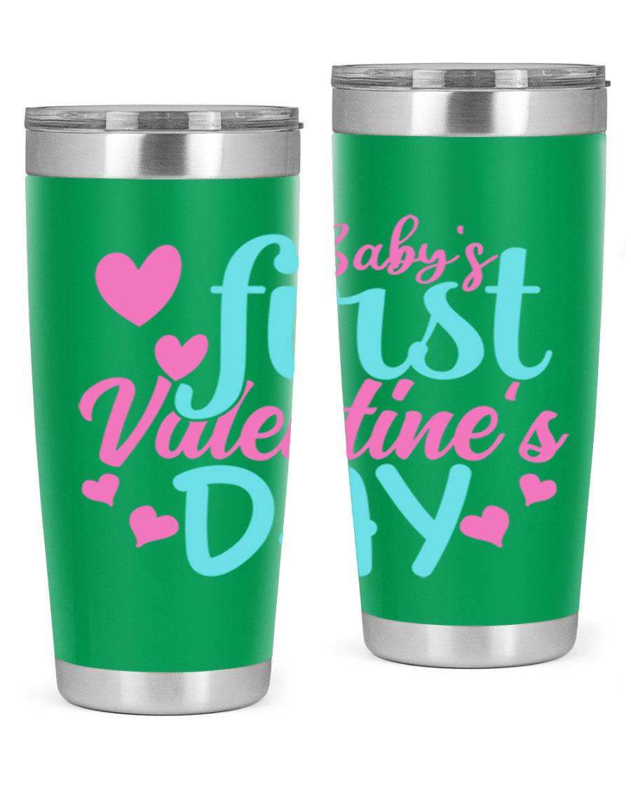 A stylish 20oz stainless steel tumbler designed for baby's first Valentine's Day, featuring a press-in lid and vibrant print.