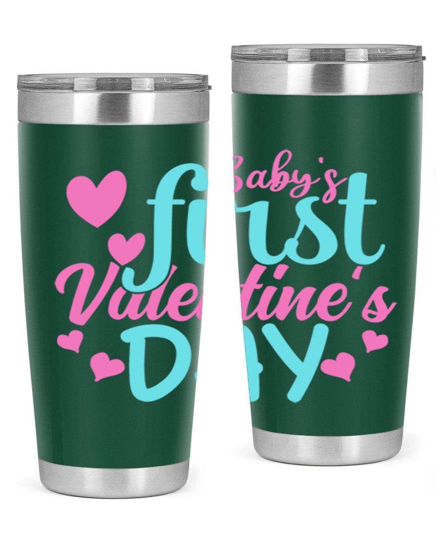 A stylish 20oz stainless steel tumbler designed for baby's first Valentine's Day, featuring a press-in lid and vibrant print.