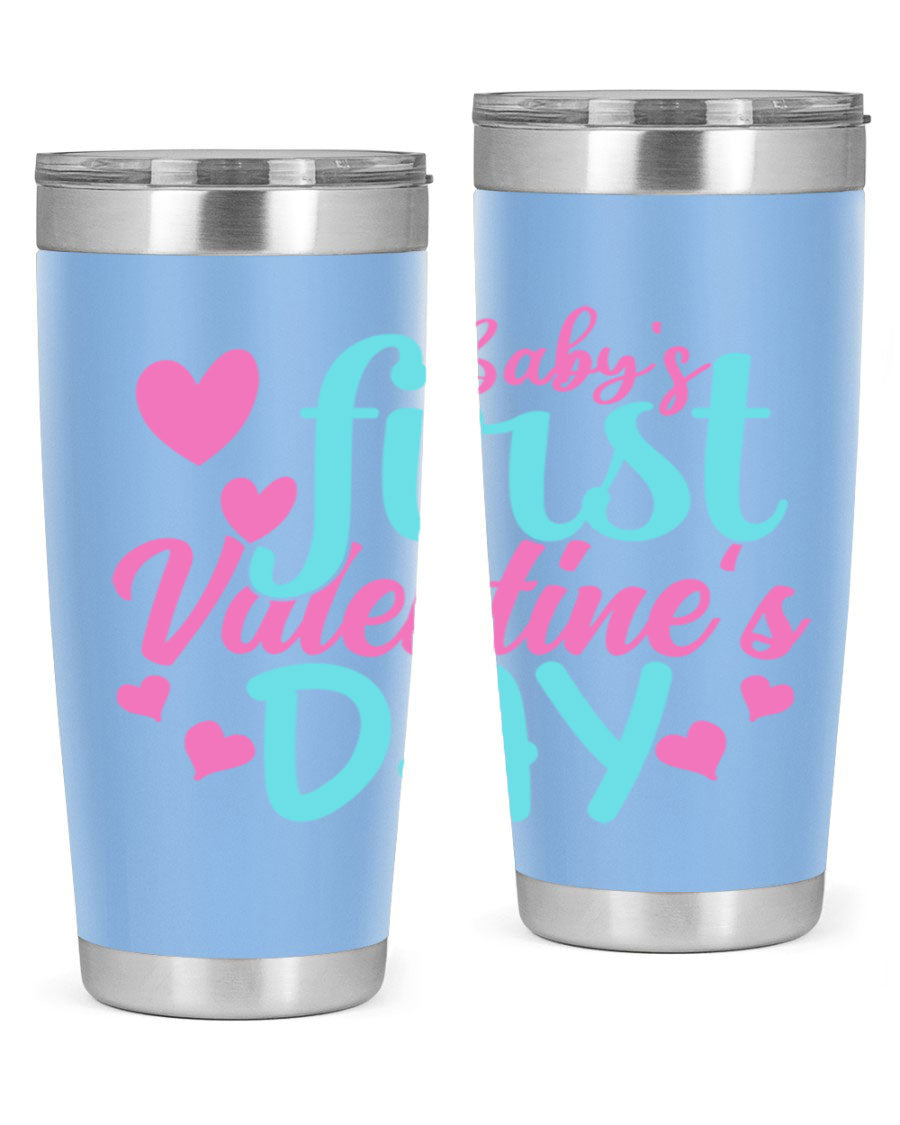 A stylish 20oz stainless steel tumbler designed for baby's first Valentine's Day, featuring a press-in lid and vibrant print.