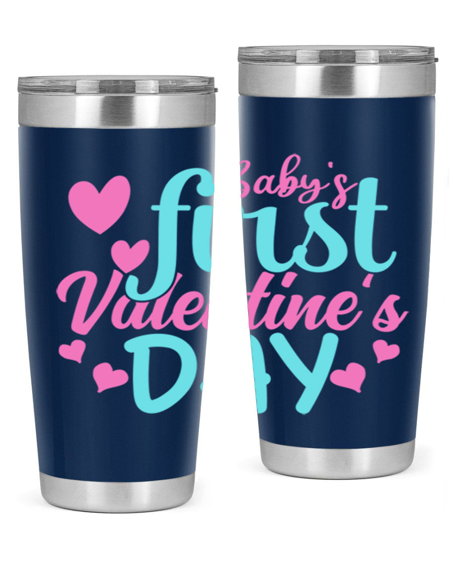 A stylish 20oz stainless steel tumbler designed for baby's first Valentine's Day, featuring a press-in lid and vibrant print.