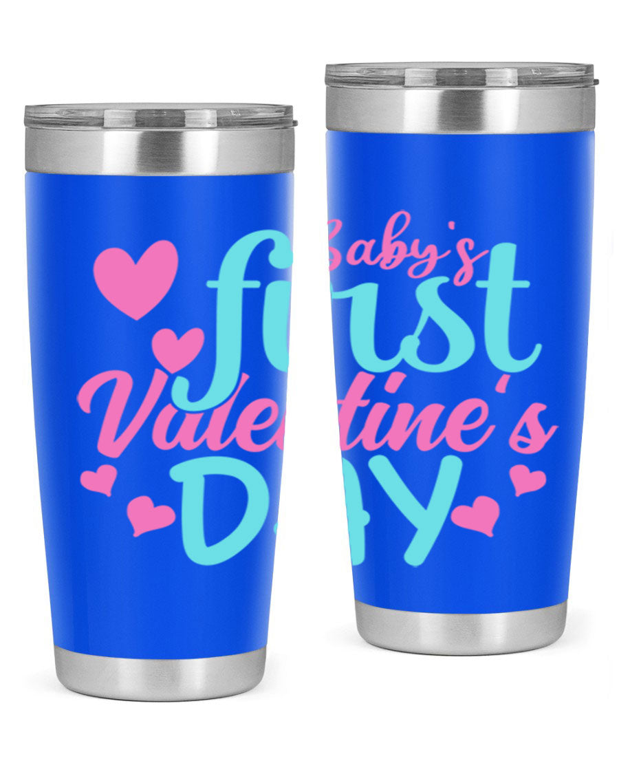 A stylish 20oz stainless steel tumbler designed for baby's first Valentine's Day, featuring a press-in lid and vibrant print.