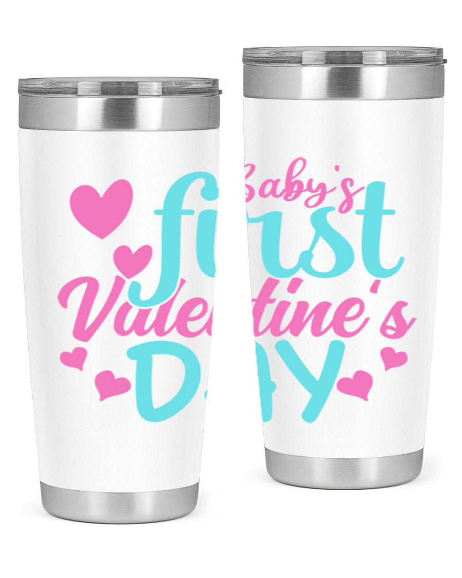 A stylish 20oz stainless steel tumbler designed for baby's first Valentine's Day, featuring a press-in lid and vibrant print.