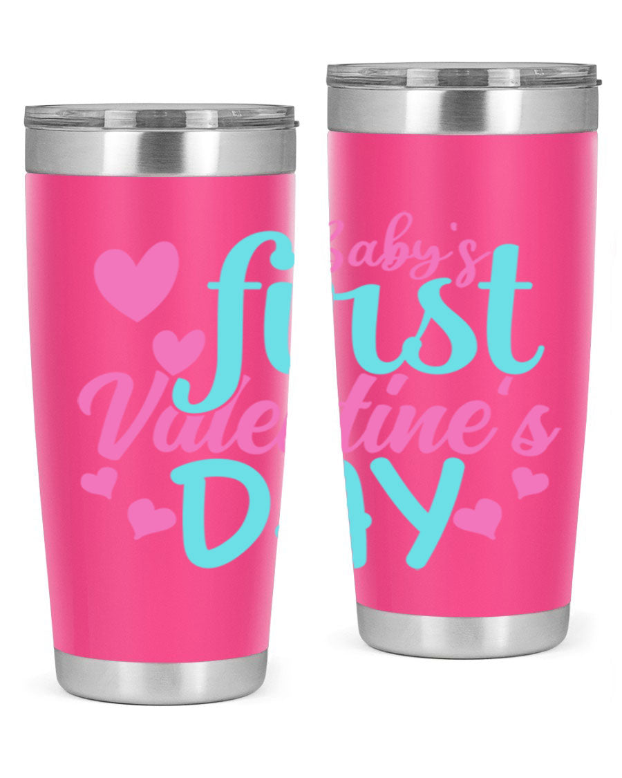 A stylish 20oz stainless steel tumbler designed for baby's first Valentine's Day, featuring a press-in lid and vibrant print.