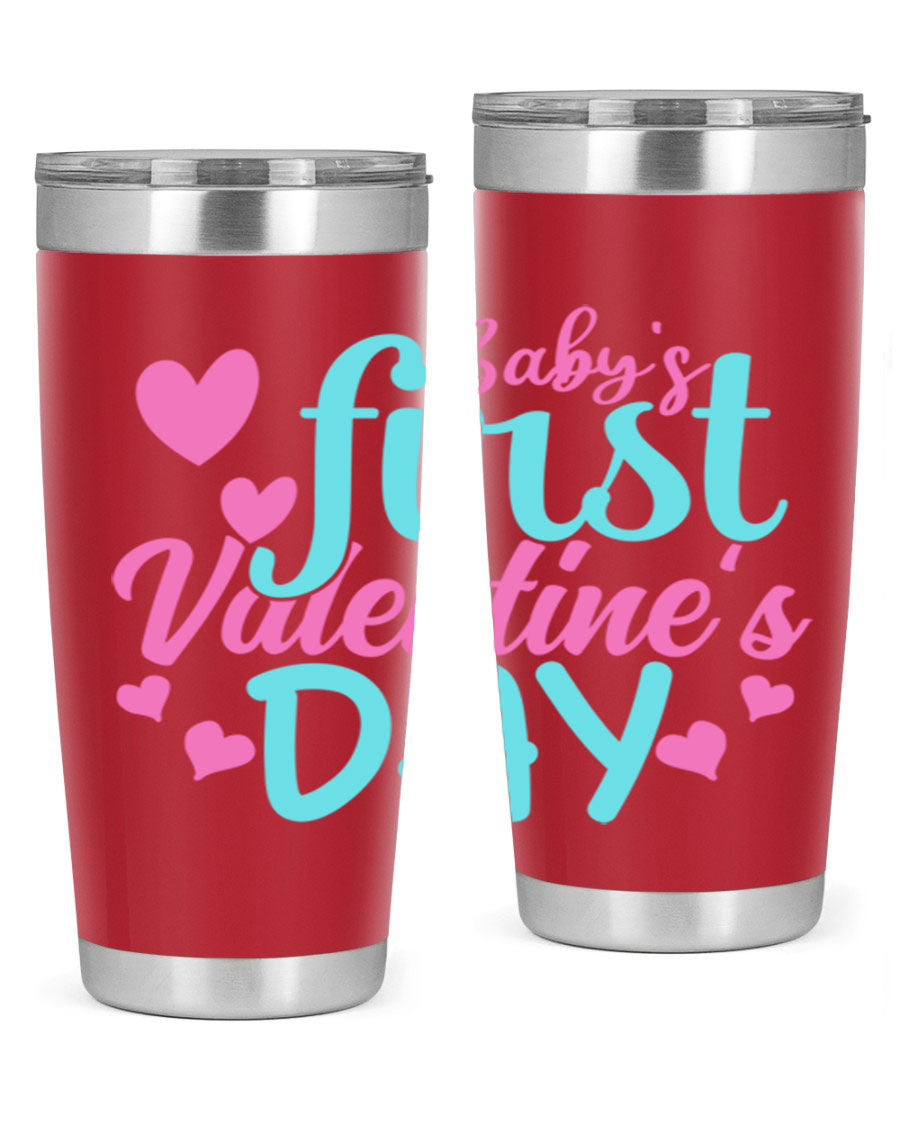 A stylish 20oz stainless steel tumbler designed for baby's first Valentine's Day, featuring a press-in lid and vibrant print.